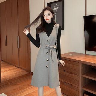 Plain Long Sleeve Top / V-neck Sleeveless A-line Dress