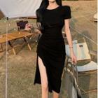 Short-sleeve Drawstring Side-slit Dress