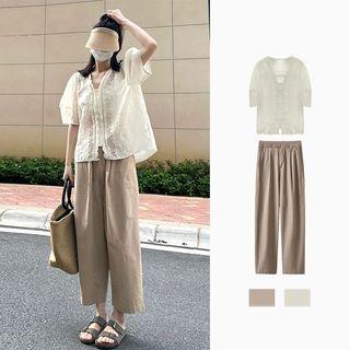 Short-sleeve Lace Trim Blouse / Wide Leg Cropped Pants / Set