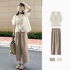 Short-sleeve Lace Trim Blouse / Wide Leg Cropped Pants / Set