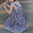 Sleeveless V-neck Floral Lace Trim Midi A-line Dress / Plain Tie Front Shrug