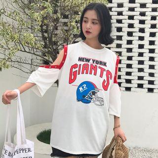 Cold Shoulder Printed 3/4-sleeve T-shirt