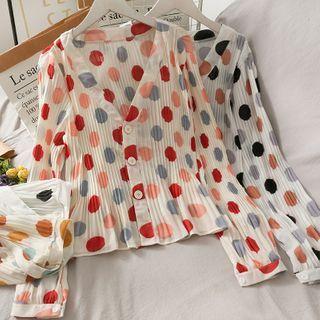 Polka-dot Pleated V-neck Chiffon Shirt