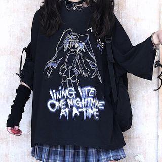Cartoon Print 3/4-sleeve T-shirt Black - One Size
