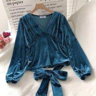 Long-sleeve Tie-waist Velvet Top