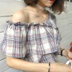 Check V-neck Loose-fit Short-sleeve Blouse