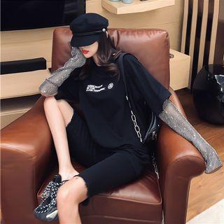 Mock Two-piece Rhinestone Long-sleeve T-shirt Black - One Size