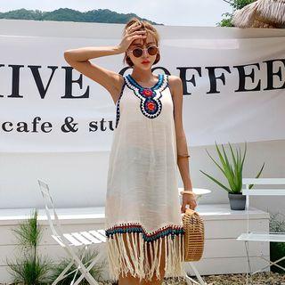 Fringe-hem Knit-trim Sundress Ivory - One Size