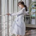 Set: Hanbok Top (floral / Navy Blue) + Skirt (midi / Sky Blue)
