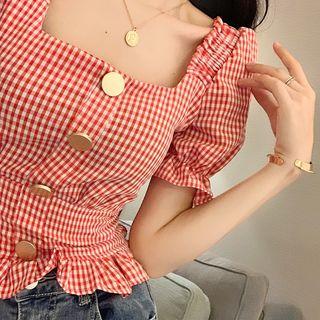 Square-neck Checked Short-sleeve Blouse