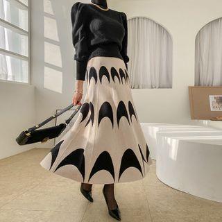 Geo Pattern Long Knit Skirt Beige - One Size