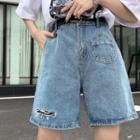 Pocket Detail Ripped High-waist Denim Shorts