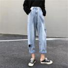 Set: Long-sleeve Lettering Top + Ripped Harem Jeans