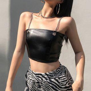 Chain-strap Faux-leather Cropped Camisole Top