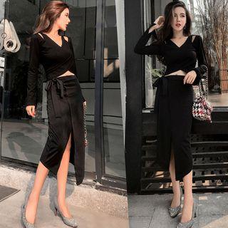 Set: Cut Out Shoulder Long Sleeve Cropped Top + Midi Skirt