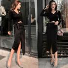 Set: Cut Out Shoulder Long Sleeve Cropped Top + Midi Skirt
