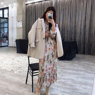Notch Lapel Single-button Coat / Printed Midi A-line Dress