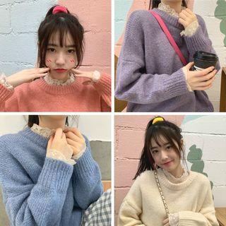 Lace Long-sleeve Top / Plain Crew-neck Loose-fit Sweater