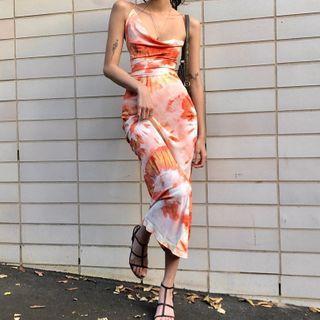 Tie-dyed Open-back Spaghetti-strap Maxi Sheath Dress