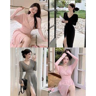 Long-sleeve V-neck Plain Slim-fit Midi Dress