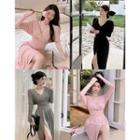 Long-sleeve V-neck Plain Slim-fit Midi Dress