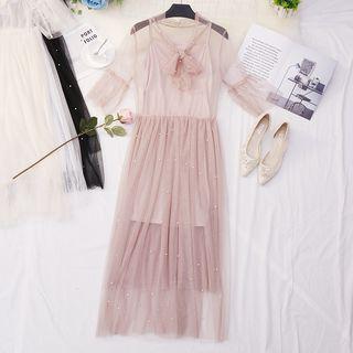 Set: Mesh Short-sleeve Midi A-line Dress + Slipdress