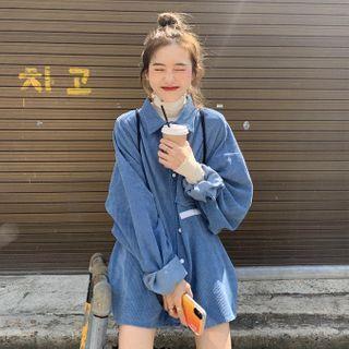 Corduroy Shirt Jacket / Long-sleeve Turtleneck Frill Trim Knit Top