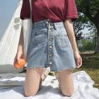 Buttoned High-waist Denim Mini A-line Skirt