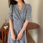 Puff-sleeve Floral Print Midi A-line Dress Floral - White & Navy Blue - One Size