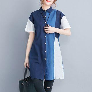 Short-sleeve Color Block Long Shirt