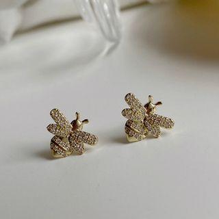 Rhinestone Bee Earring 1 Pair - Silver Needle - One Size