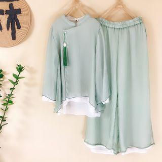 Traditional Chinese Long-sleeve Frog Buttoned Chiffon Top / Faux Pearl Buttoned Top / Wide-leg Pants