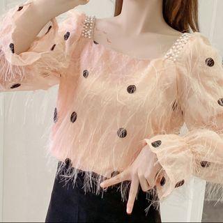 Dotted Square Neck Fringe Blouse