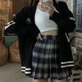 Contrast Trim Cardigan / Crop Tank Top / Plaid Mini A-line Skirt