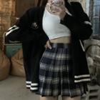 Contrast Trim Cardigan / Crop Tank Top / Plaid Mini A-line Skirt