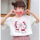 Bow Print Elbow-sleeve T-shirt As Shown In Figure - One Size