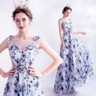 Sleeveless Floral Applique Mesh Panel A-line Gown
