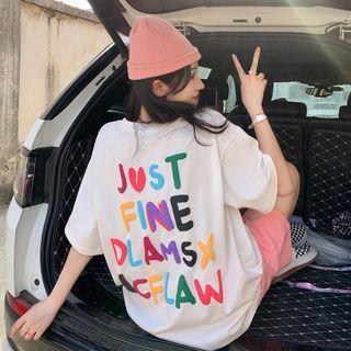 Lettering Print T-shirt / Plain Shorts / Set