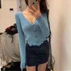 Long-sleeve Button V-neck Top