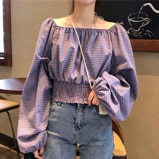 Plaid Lantern-sleeve Blouse 219 - Gingham - Purple - One Size