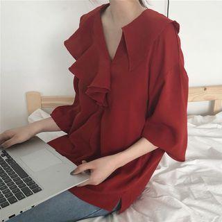 3/4-sleeve Ruffle Trim Blouse As Shown In Figure - One Size