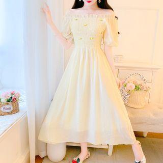 Off-shoulder Flower Accent Midi A-line Dress
