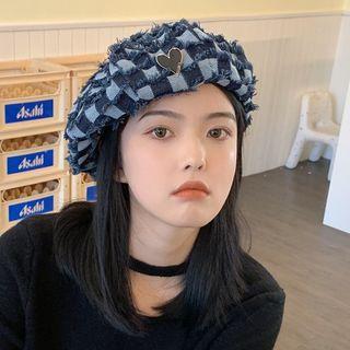 Heart Checker Denim Beret Hat Blue - One Size
