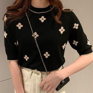 Elbow-sleeve Floral Print Knit Top