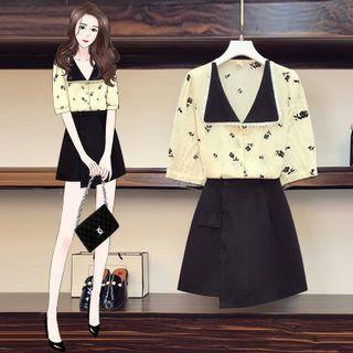 Contrast Collar Floral Blouse / Mini A-line Skort