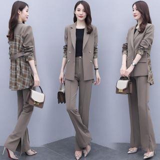 Set: Plaid Panel Double Breasted Blazer + Dress Pants