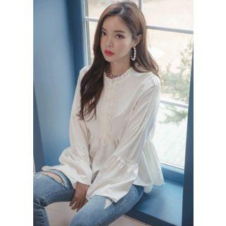 Bell-sleeve Frilled Crepe Peplum Blouse