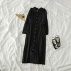 Frilled Trim Collar Long Sleeve Shirtdress Black - One Size