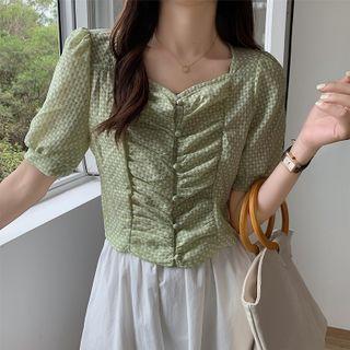 Bell-sleeve Plaid Ruched Blouse
