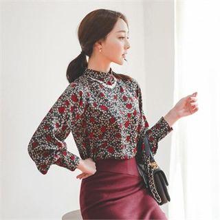 Mock-neck Floral Print Blouse Black - One Size